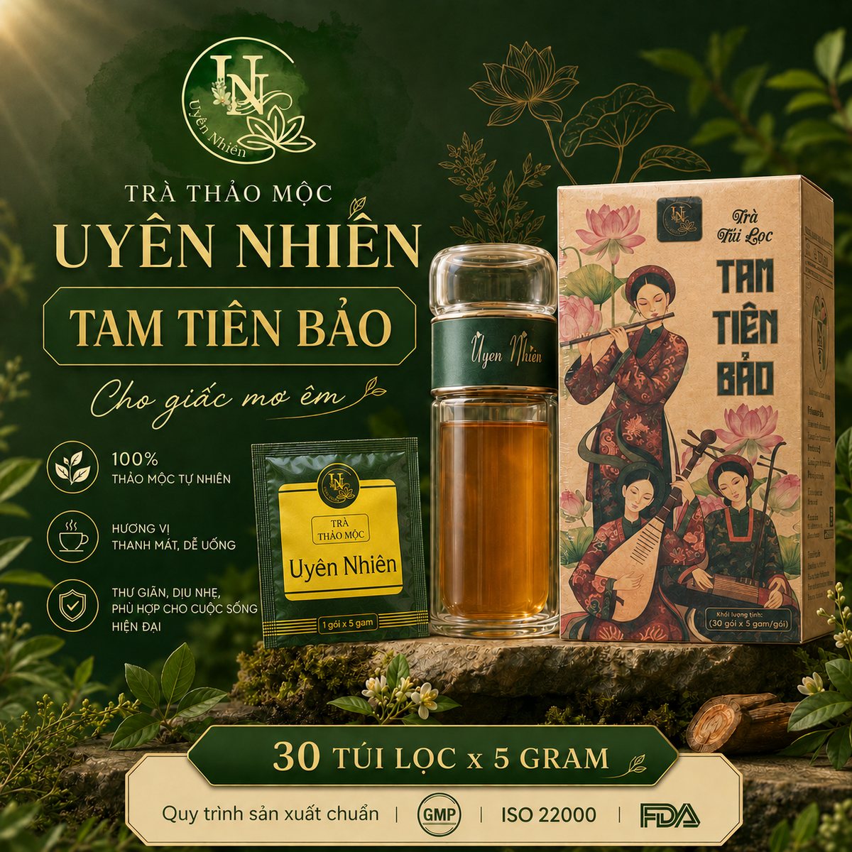 Trà thảo mộc Uyên Nhiên — Tam Tiên Bảo, hộp 30 túi lọc x 5 gram