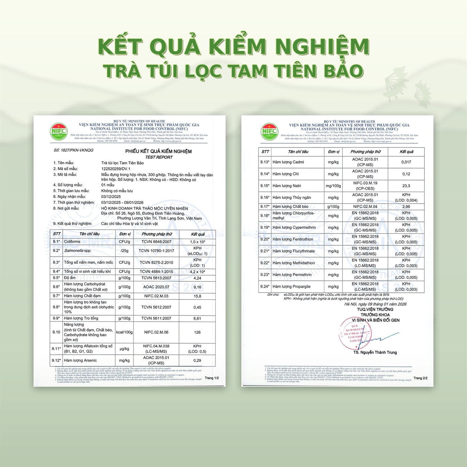 Phiếu kiểm nghiệm trà Tam Tiên Bảo